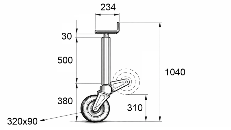 SCHROEFDRAAD STEUNPOOT MET WIEL (HOOGTE 1040 mm - SLAG 300 mm) - 1.500 kg