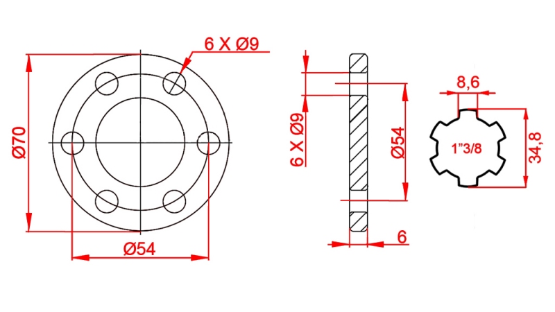 PTO ADAPTER WITH FLANGE 6 HOLES 1-3/8 (90 mm)