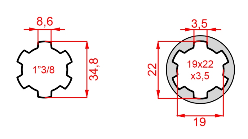 ADAPTATEUR P.T.O. 13/8 19x22x3.5 10 dents