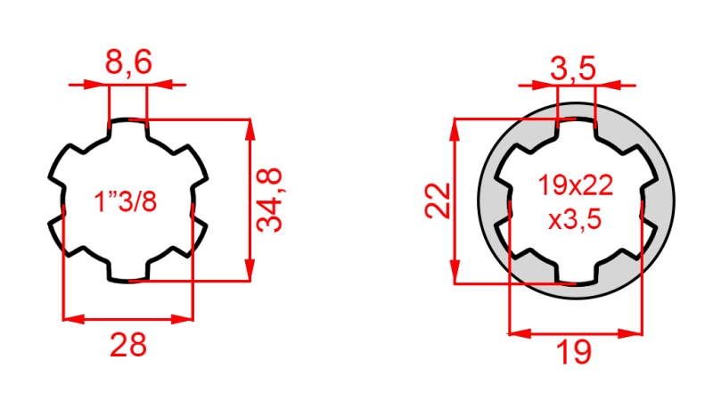 KARDANO ADAPTERIS IŠ 19x22x3,5 (10 DANTYS) Į 1-3/8 (120 mm)