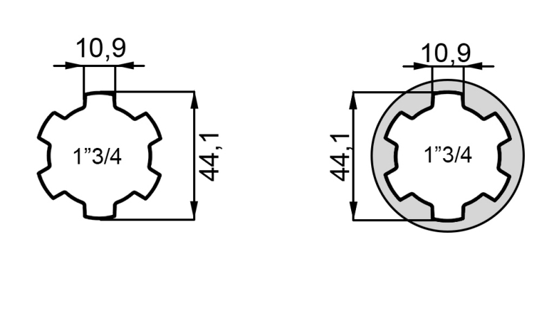 P.T.O. ADAPTER MED PIN fra 1”3/4 til 1”3/4