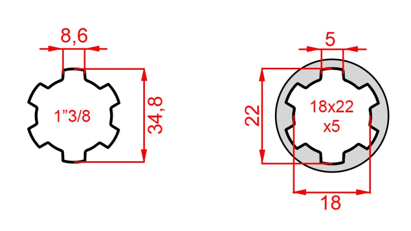 PTO ADAPTER FROM 18x22x5 (6 SPLINES) TO 1-3/8 (120 mm)