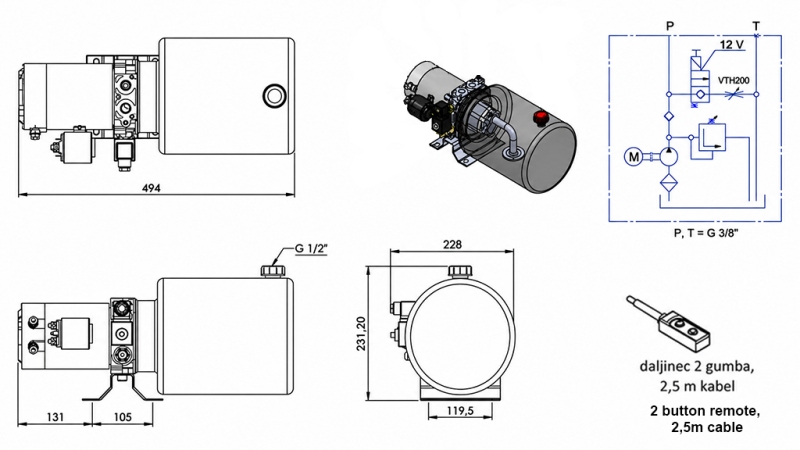 MINI HYDRAULIC POWER-PACK UNIT 12V DC - 1.6KW = 2.1CC - 8 LITERS - SINGLE-PHASE UNIT (METAL)