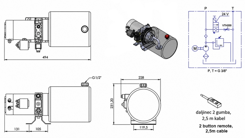 MINI UNITATE DE PUTERE HIDRAULICĂ 24V DC - 2.2kW = 2.1cc - 8 lit - asamblare monofazată (metal)