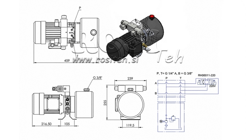 MINI HIDRAULIKUS AGGREGÁTOR 380 V AC (0,75 kW) - 3,7 cc - 5,2 lit/min - tank 4 lit