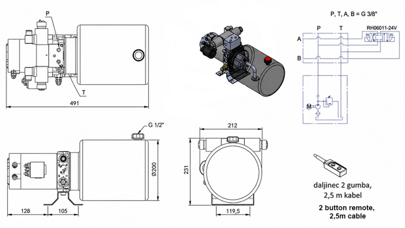 MINI HYDRAULIC POWER-PACK UNIT 24V DC - 2.2KW = 2.1CC - 8 LIT - DOUBLE-ACTING UNIT (METAL)