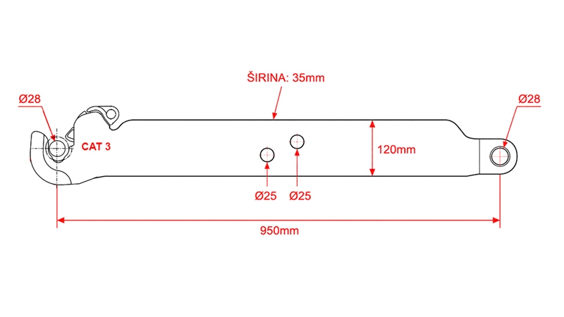 NEDRE LØFTEARMER FOR TREPUNKTSFESTE CAT.3 - 120x35 mm - 950 mm (140 HP)