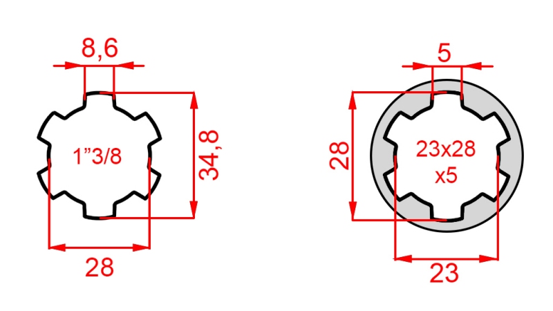 KARDANO ADAPTERIS IŠ 23x28x6 (6 DANTYS) Į 1-3/8 (140 mm)