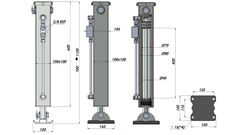 KAHEPOOLSE TOIMEGA HÜDRAULILINE TUGIJALG (100x100x700 mm) - KÄIK 420 mm - 5.000 kg