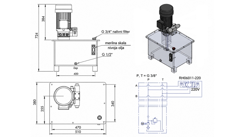 MINI HIDRAULIKUS AGGREGÁTOR 380 V AC (4 kW) - 8 cc - 12 lit/min - tank 40 lit