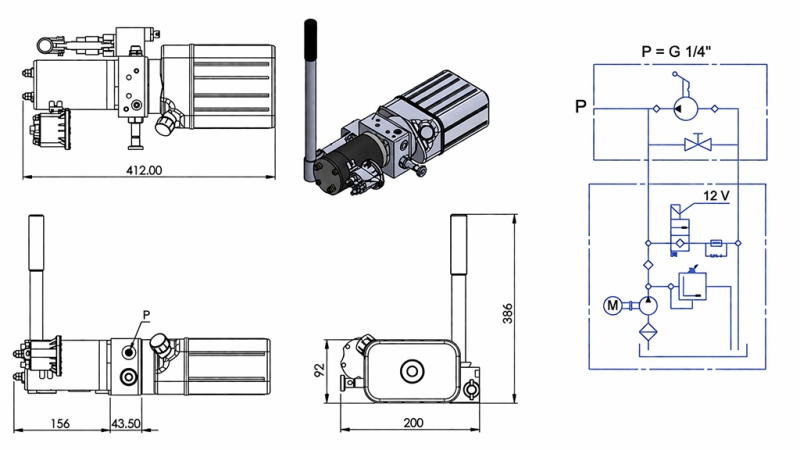 MINI HYDRAULISK ENHET 12V DC - 0.8KW = 0.5CC - 1.5 LITER - ENKEL-TRYKK MONTERING (PVC) MED MANUELL PUMPE