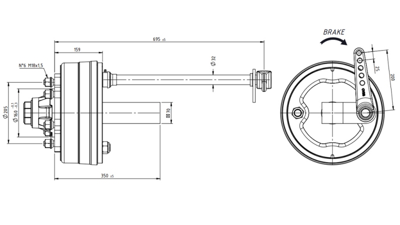 HALV-AKS MED BREMSE 3.600 KG L.250 MM
