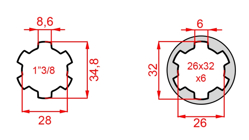 KARDANSKI NASTAVEK iz 26x32x6 (6 zob) na 1-3/8 (145 mm)
