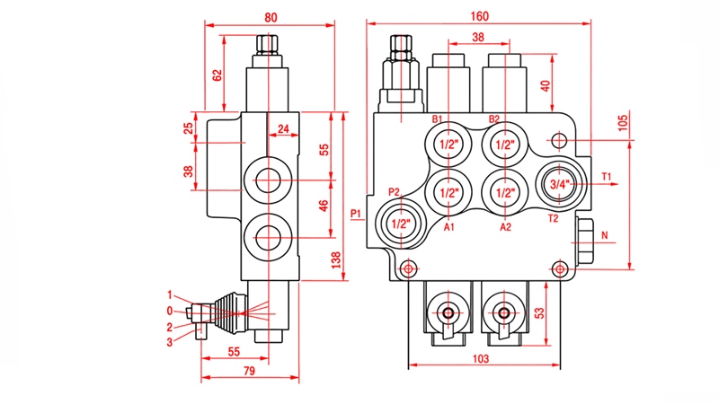 HYDRAULIC MANUAL VALVE – 2-SECTION DIRECTIONAL CONTROL VALVE 2xR80 ECO