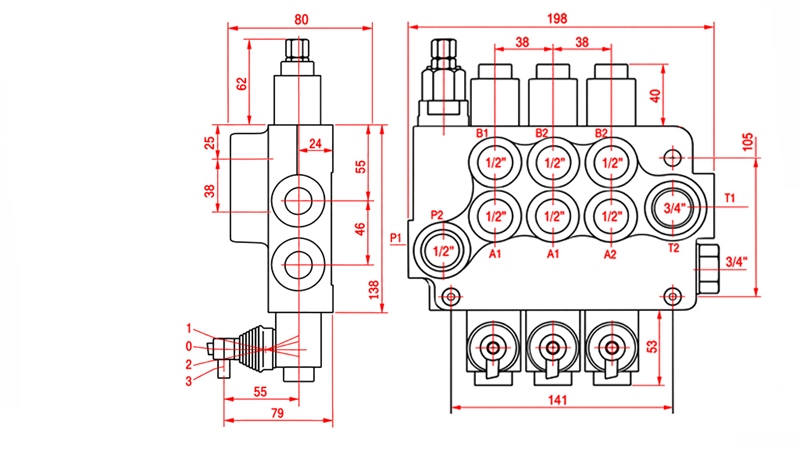 HYDRAULIC MANUAL VALVE – 3-SECTION DIRECTIONAL CONTROL VALVE 3xR80 ECO