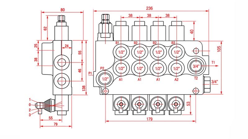 HYDRAULIC MANUAL VALVE – 4-SECTION DIRECTIONAL CONTROL VALVE 4xR80 ECO