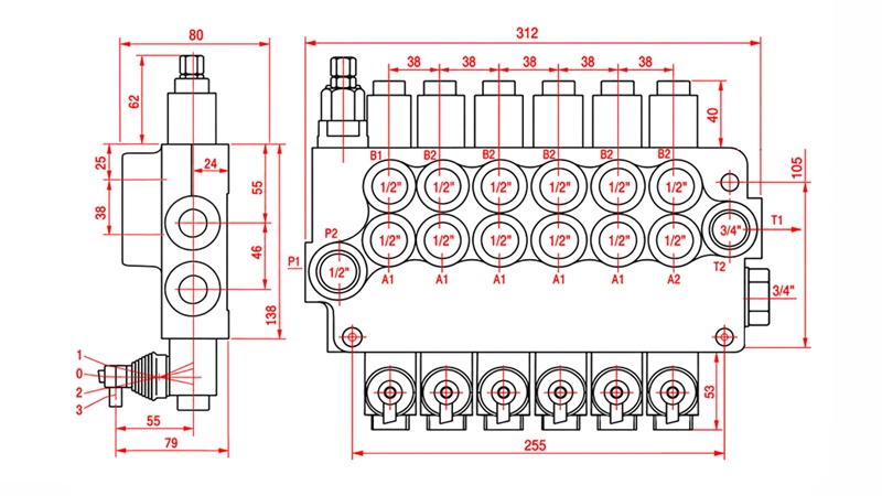 HYDRAULIC MANUAL VALVE – 6-SECTION DIRECTIONAL CONTROL VALVE 6xR80 ECO