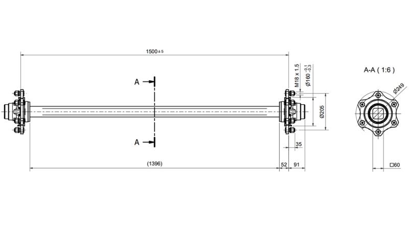 ASSE DEL RIMORCHIO 4800 kg SENZA FRENI (1500 mm)