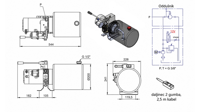 MINI HYDRAULIKAGGREGAT 12V DC - 1.6kW = 2.1cc - 8 liter - enfas enhet MED MANUELL PUMP