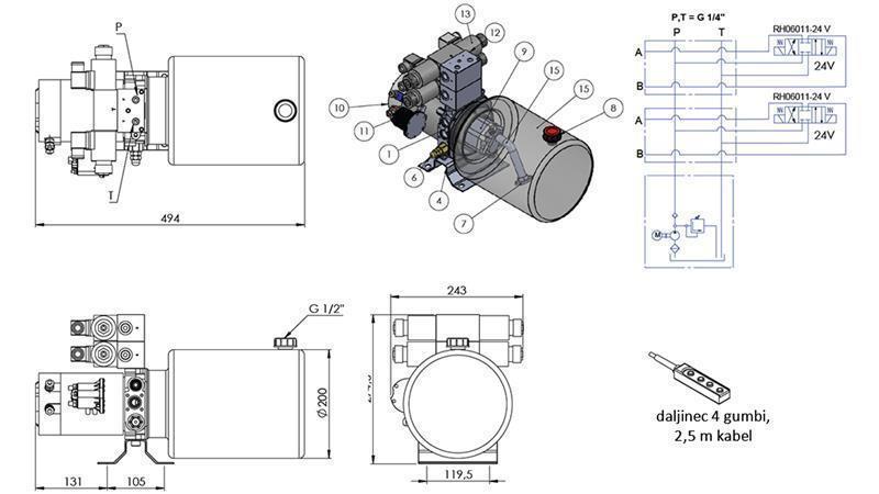 MINI HYDRAULISK AGGREGAT 24V DC - 2.2kW = 2.1cc - 8 lit - 2x toveis montering (metall)