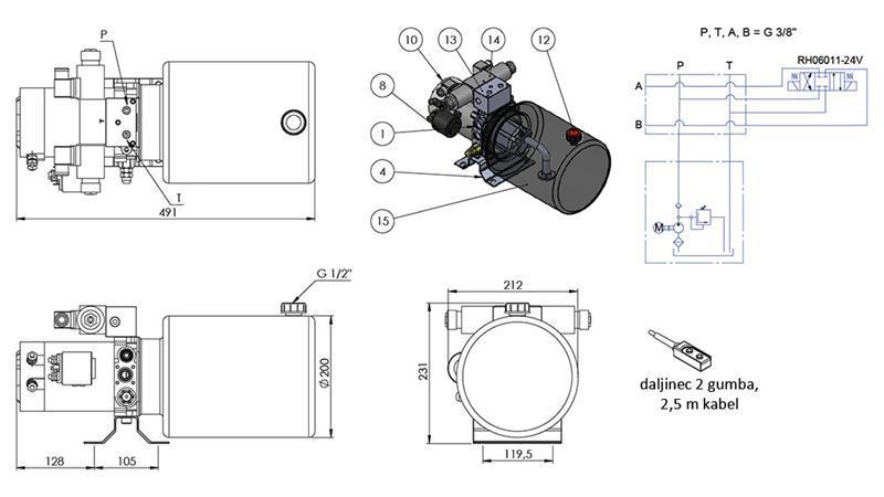 MINI HIDRAULISKAIS AGREGĀTS 24V DC - 2.2kW = 2.1cc - 8 lit - divvirzienu montāža (metāls)
