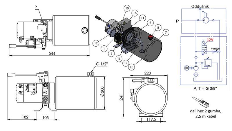 MINI HYDRAULIC AGGREGATE 12V DC - 1.6kW = 2.1cc - 8 lit - single-direction assembly WITH HAND PUMP