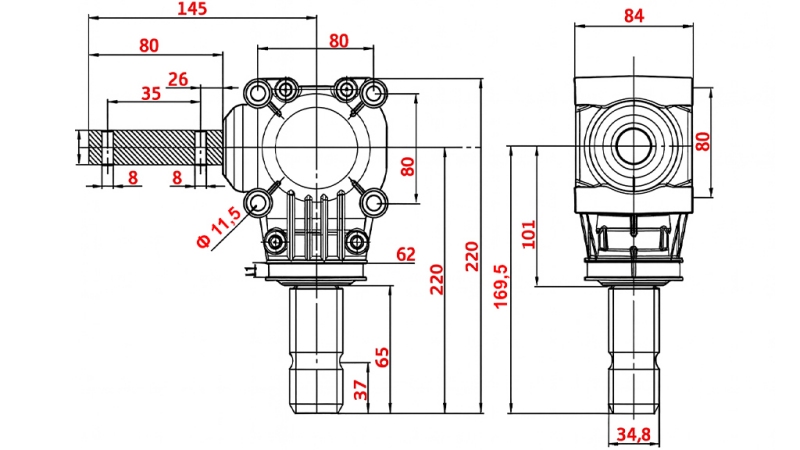 ANGLE GEARBOX L-150J 1:1 (12HP-9KW)