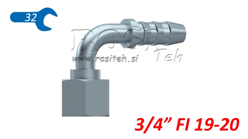 CONECTOR FEMEA HIDRÁULICO 3/4 CURVA 90° PARA MANGUEIRA DE BORRACHA Φ 19-20