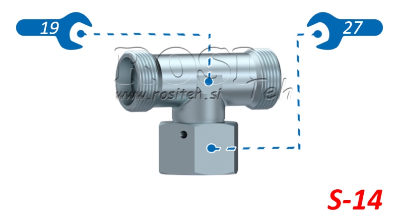 HYDRAULISK T-KOPPLING S-14 MED CENTRAL SVÄNGMUTTER M22X1,5