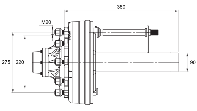 HALF AXLE WITH BRAKES - 5000 kg (8 SCREWS) - 380 mm