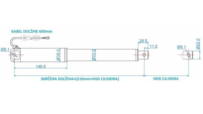 ELEKTRISK SYLINDER 12V 80kg-12mm/sec SLAG 600mm - dimensjoner