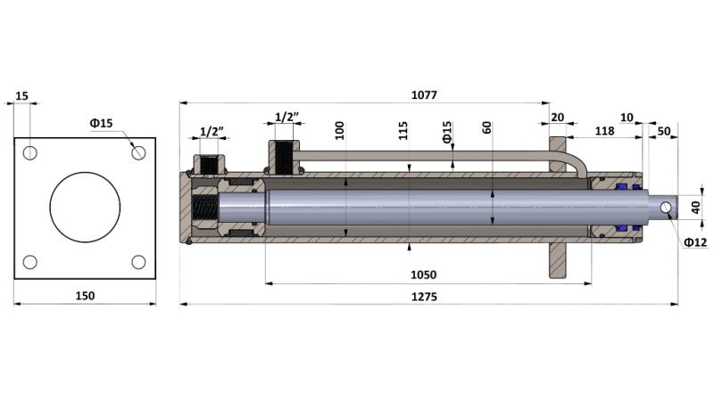 HYDRAULISK SYLINDER MED MONTERINGSPLATE 100/60-1050 MED RØR