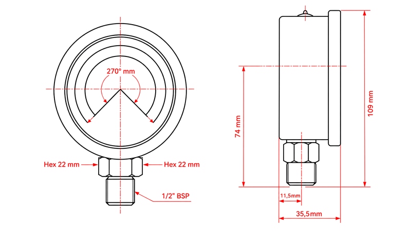 MANOMETER DN100 VERTICAL 0 - 100 BAR - 1/2