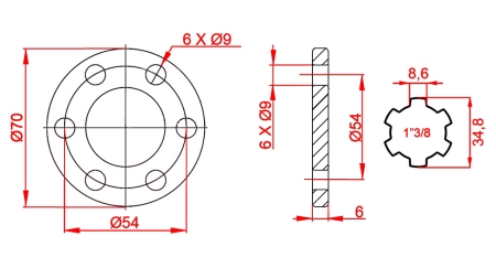 PTO ADAPTER WITH FLANGE 6 HOLES 1-3/8 (90 mm)