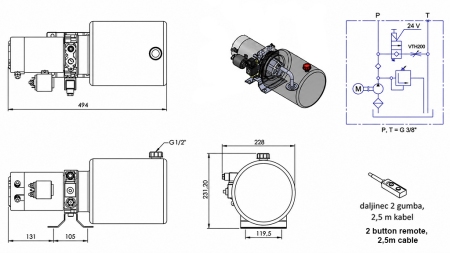 MINI UNITATE DE PUTERE HIDRAULICĂ 24V DC - 2.2kW = 2.1cc - 8 lit - asamblare monofazată (metal)