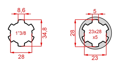 KARDANO ADAPTERIS IŠ 23x28x6 (6 DANTYS) Į 1-3/8 (140 mm)