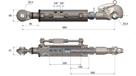HYDRAULISK TOPPSTAG MED GJENGET FANGHAKE - CAT. 3 - 80/40-250 (+95 HP) (32,2 mm)