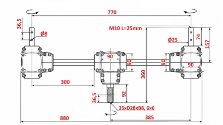 CONJUNTO DE CAIXAS DE ENGRENAGENS 1:1,35 (22HP-16kW) PARA ESPALHADOR DE ESTRUME L:770 - ALU