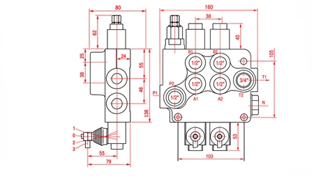 HYDRAULIC MANUAL VALVE – 2-SECTION DIRECTIONAL CONTROL VALVE 2xR80 ECO