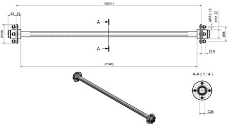 AKSEL FOR HENGER 950 KG UTEN BREMS (1200 MM)