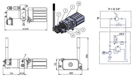 MINI HYDRAULIC AGGREGATE 24V DC - 0.8kW = 0.5cc - 1.5 lit - single-phase unit (PVC) with manual pump