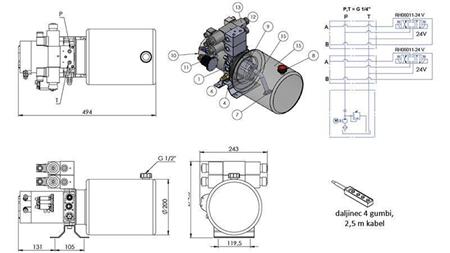 MINI HYDRAULISK AGGREGAT 24V DC - 2.2kW = 2.1cc - 8 lit - 2x toveis montering (metall)