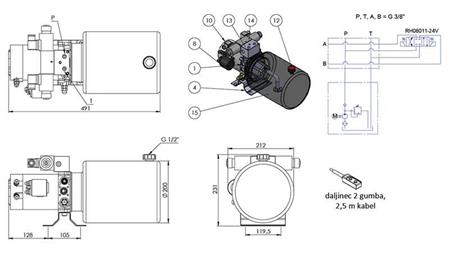 MINI HIDRAULISKAIS AGREGĀTS 24V DC - 2.2kW = 2.1cc - 8 lit - divvirzienu montāža (metāls)