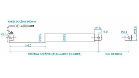 ELEKTRISK SYLINDER 12V 80kg-12mm/sec SLAG 400mm - dimensjoner