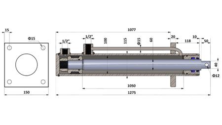 HYDRAULISK SYLINDER MED MONTERINGSPLATE 100/60-1050 MED RØR