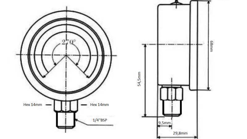 MANOMETER DN63 VERTIKAL 0 - 60 BAR - 1/4-dimensjoner