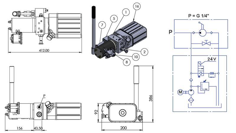 MINI AGREGAT HYDRAULICZNY 24V DC - 0.8kW = 0.5cc - 1.5 lit - jednostka jednofazowa (PVC) z ręczną pompą