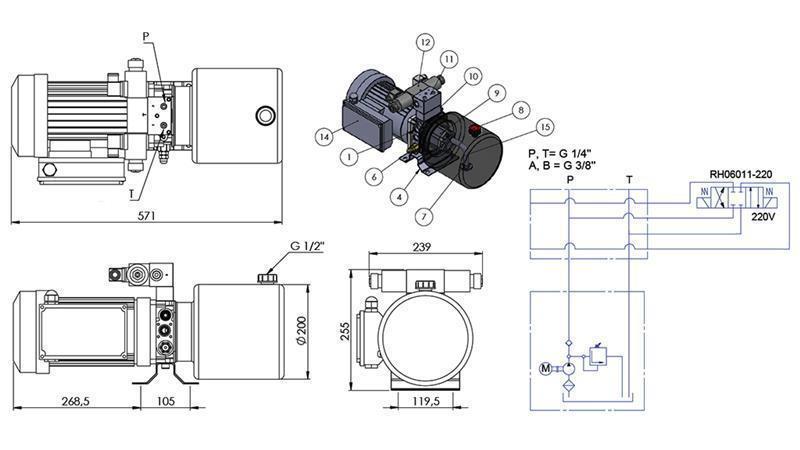 MINI HIDRAULINIS AGREGATAS 230V AC (1.5 kW) - 5.8 cc - 8.2 lit/min - bakas 6 lit