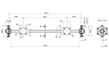 AXLE FOR TRAILER 3300 KG WITHOUT BRAKE (1500 MM) WITH MOUNTING PLATE